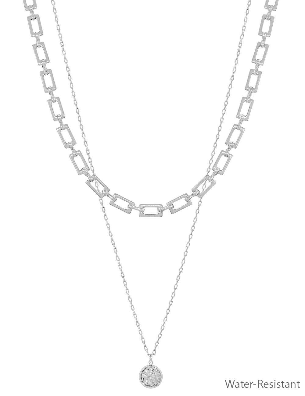 Water Resistant Double Layered Silver Chain with Rhinestone Circle Charm 16"-18" Necklace