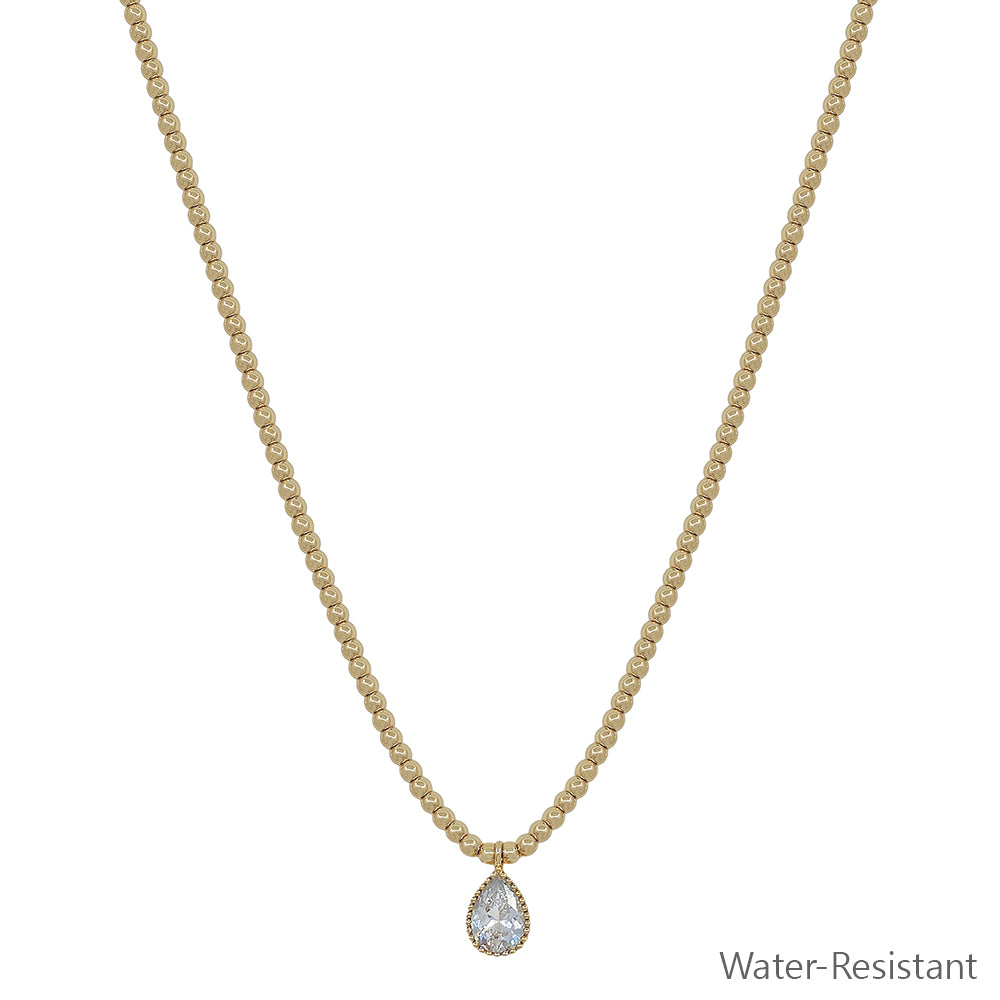 Water resistant Gold Beaded Chain with Teardrop Rhinestone 16"-18" Necklace