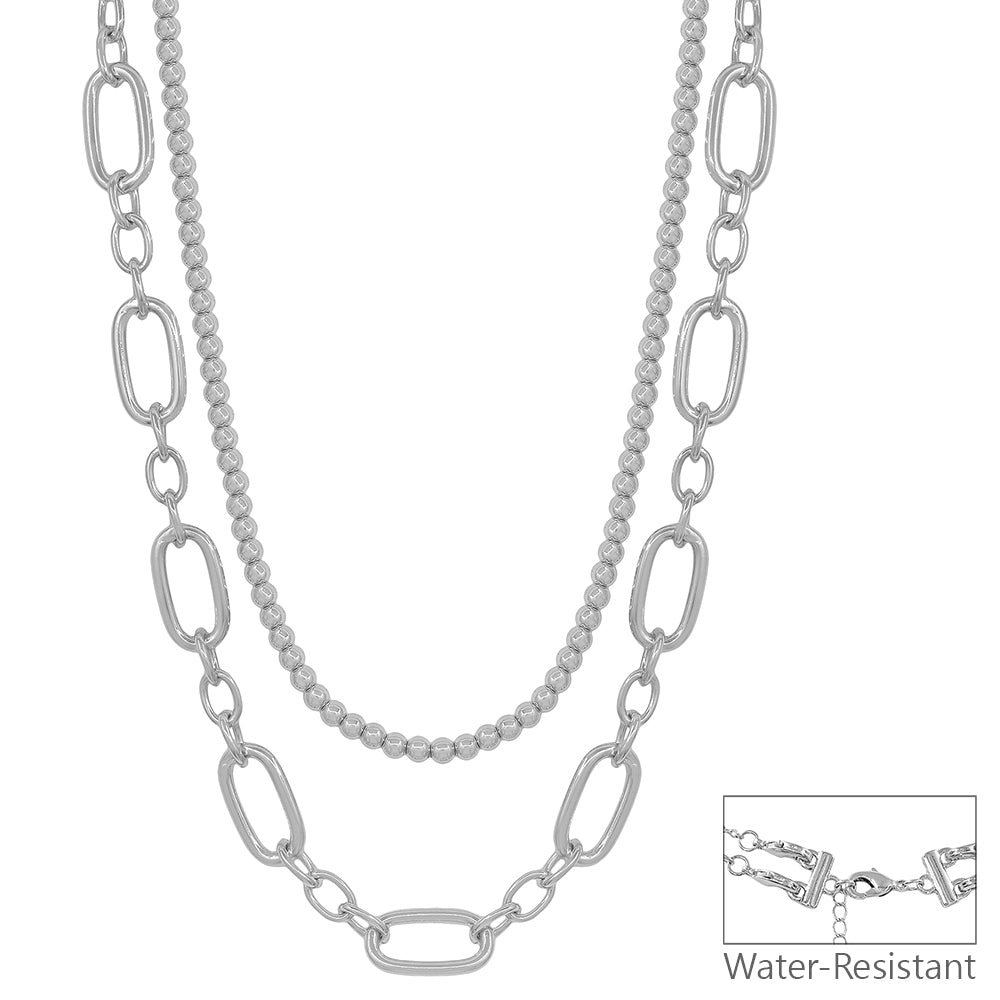 Silver Beaded Chain with Open Rectangle Layered Multiway 16"-18" Necklace