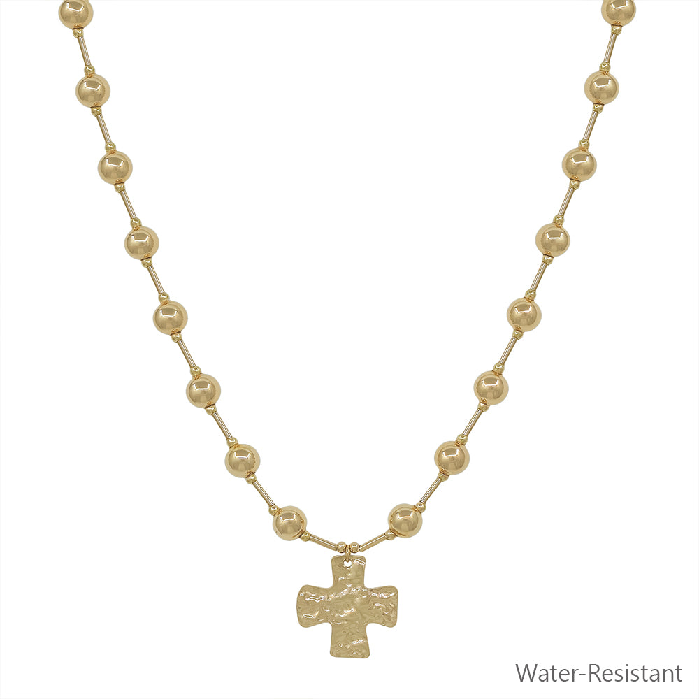 Water Resistant Gold 6MM Beaded with Hammered Gold Cross Charm 16"-18" Necklace