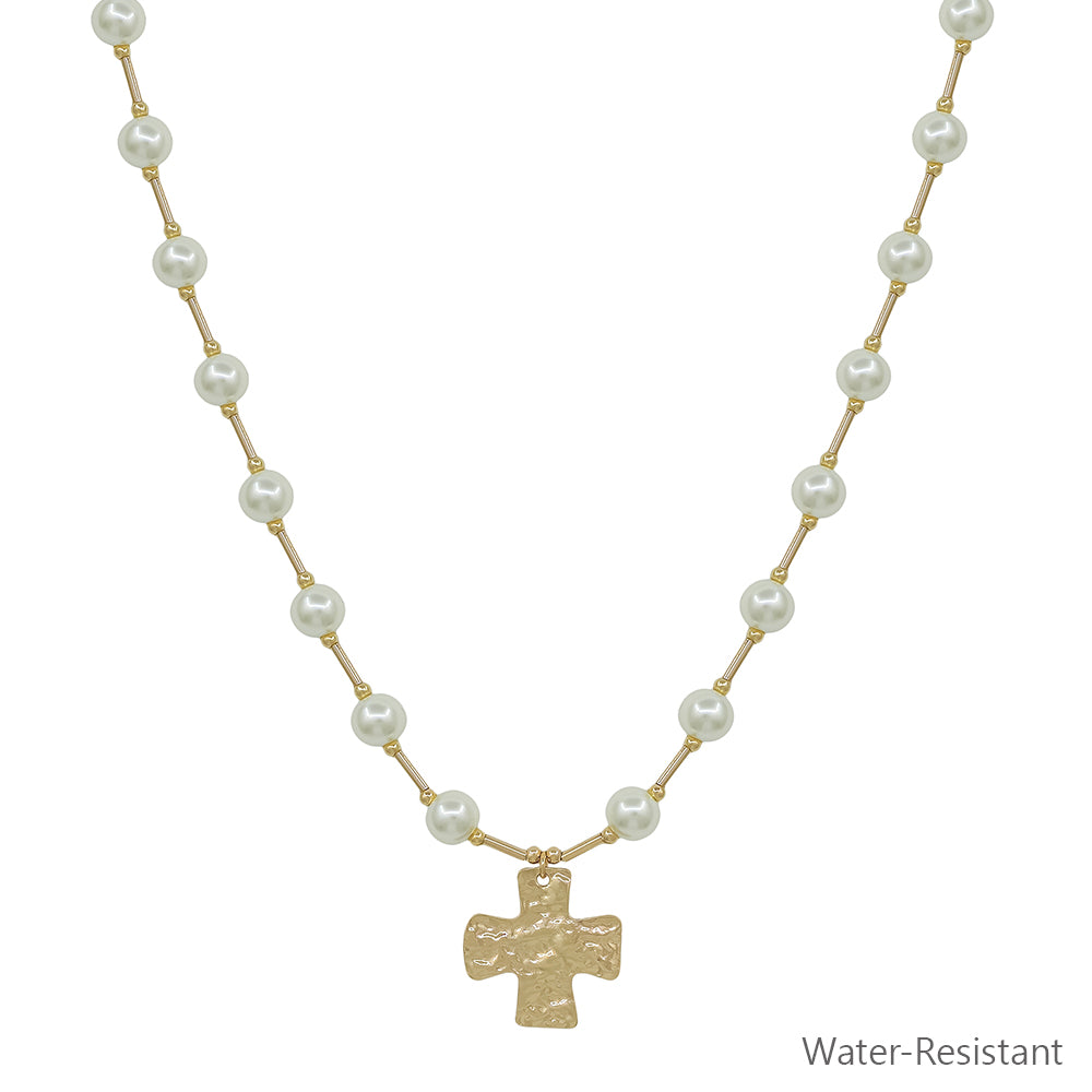 Water Resistant Pearl 6MM Beaded with Hammered Gold Cross Charm 16"-18" Necklace