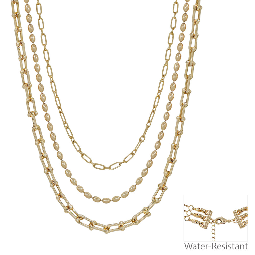 Water Resistant Triple Layered Gold Beaded and Chain Multi Way 16"-18" Necklace