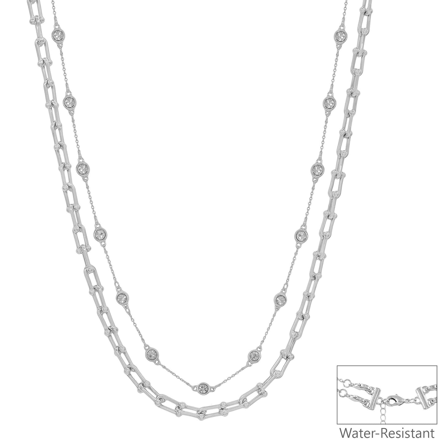 Water Resistant Silver Crystal and Chunky Layered Chain 16"-18" Necklace
