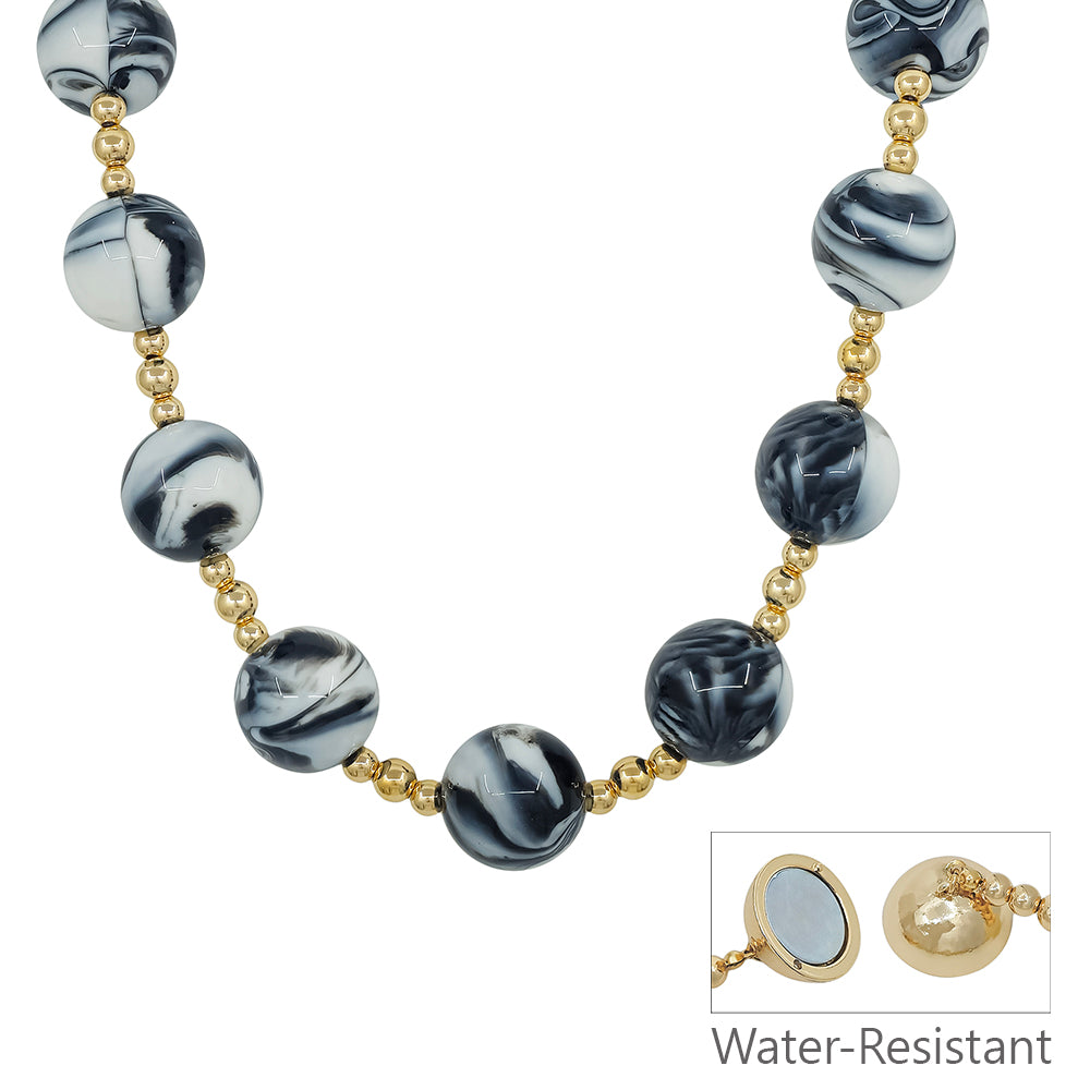 Water Resistant Gold and 20MM Large Beaded Black Marbled Magnetic Closure Necklace