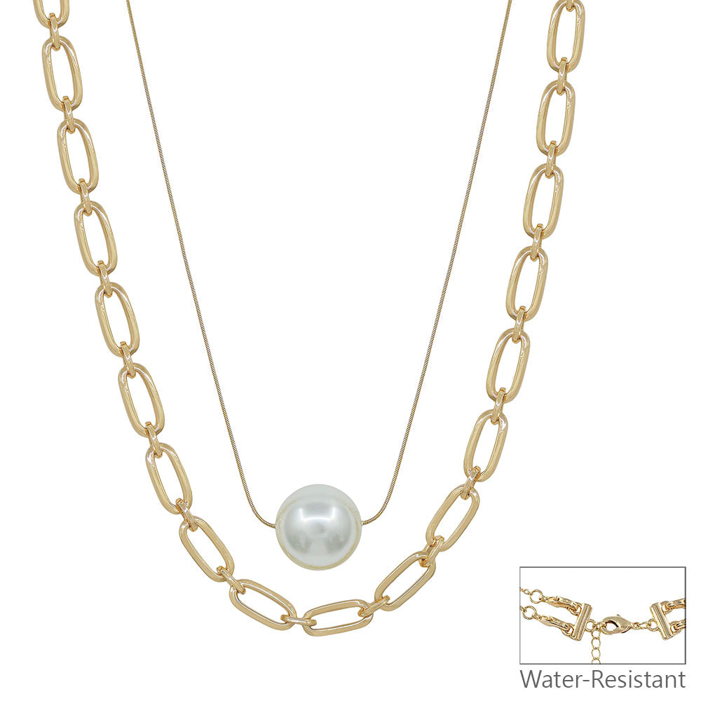 Water Resistant 20MM Pearl Bead and Gold Chain Layered 16"-18" Necklace