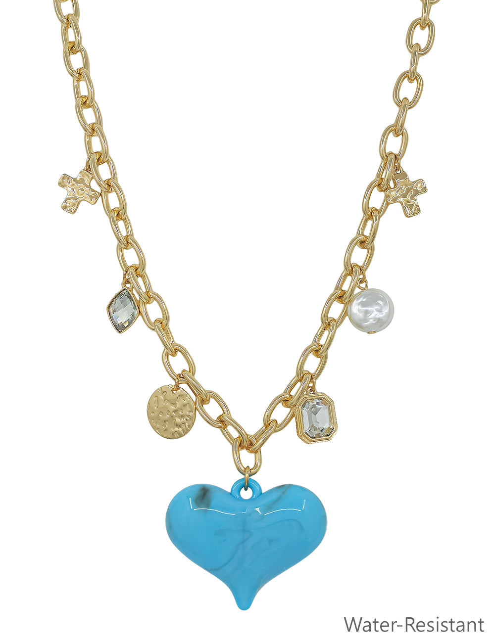 Water resistant Gold Chain with Charms and Chunky Turquoise Resin Heart 16"-18" Necklace