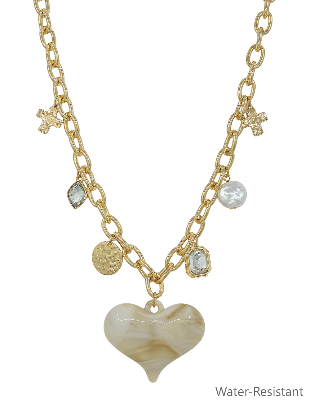 Water resistant Gold Chain with Charms and Chunky Natural Resin Heart 16"-18" Necklace