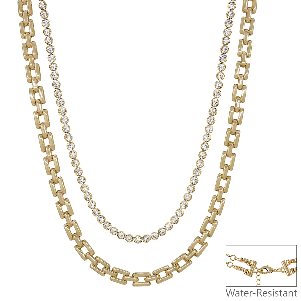 Water Resistant Gold Rectangle with Crystal Multi Way Layered 16"-18" Necklace