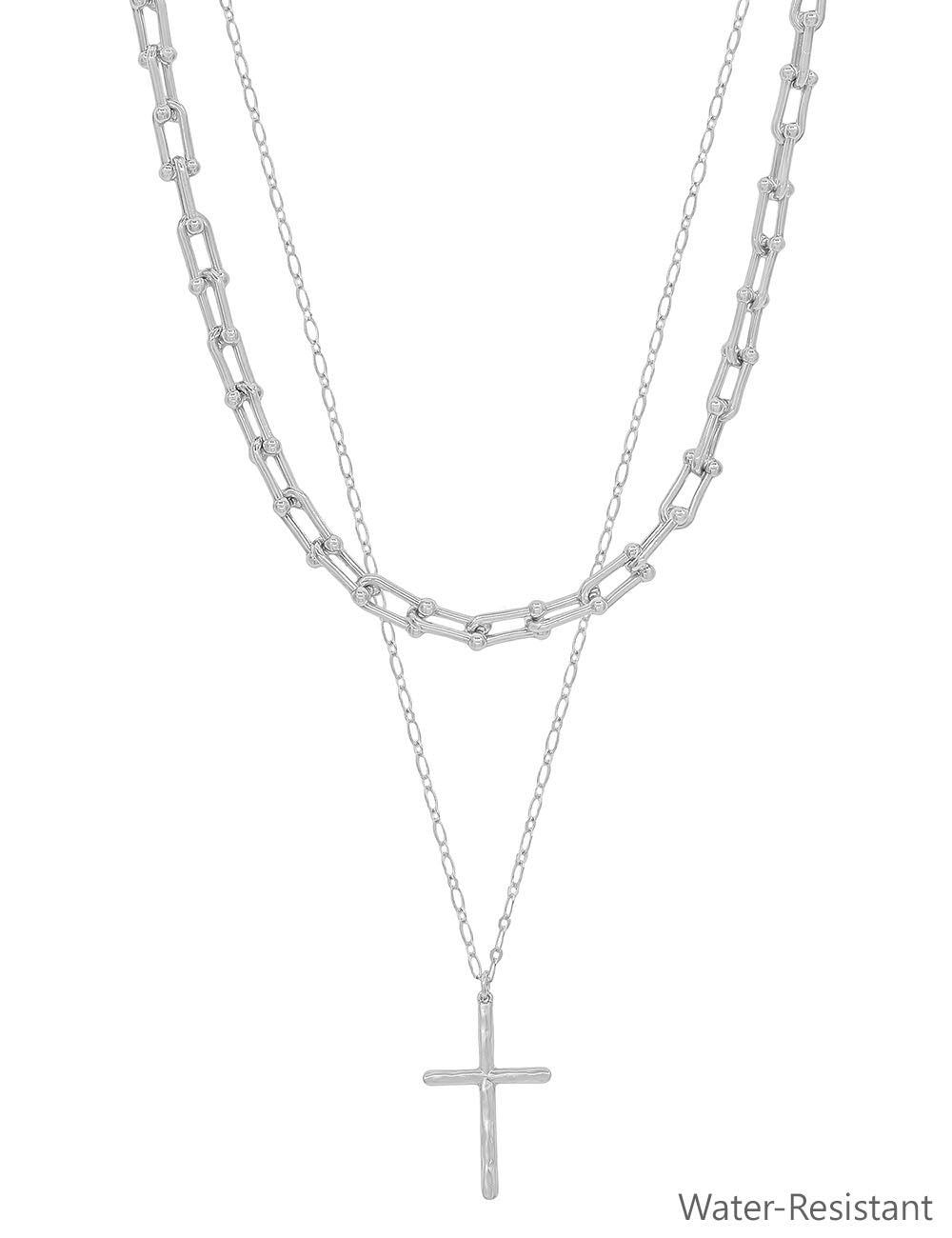 Water Resistant Silver Chain Layered with Cross 16"-18" Necklace