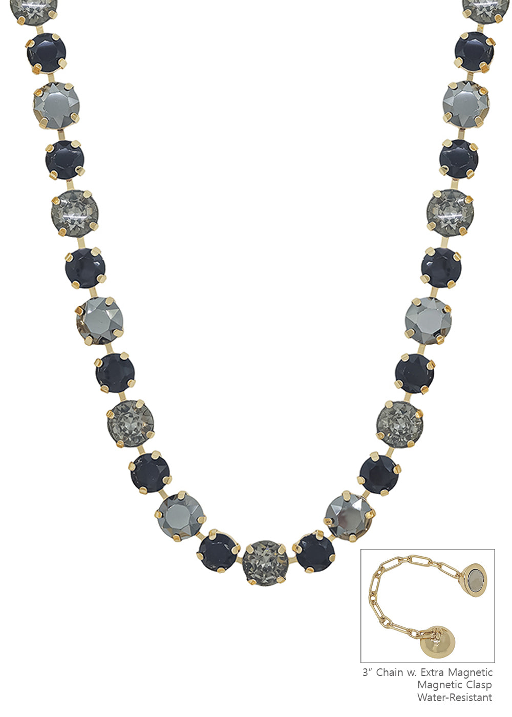 Water Resistant Black Crystal 10&12MM Stone Magnetic Closure 17" Necklace