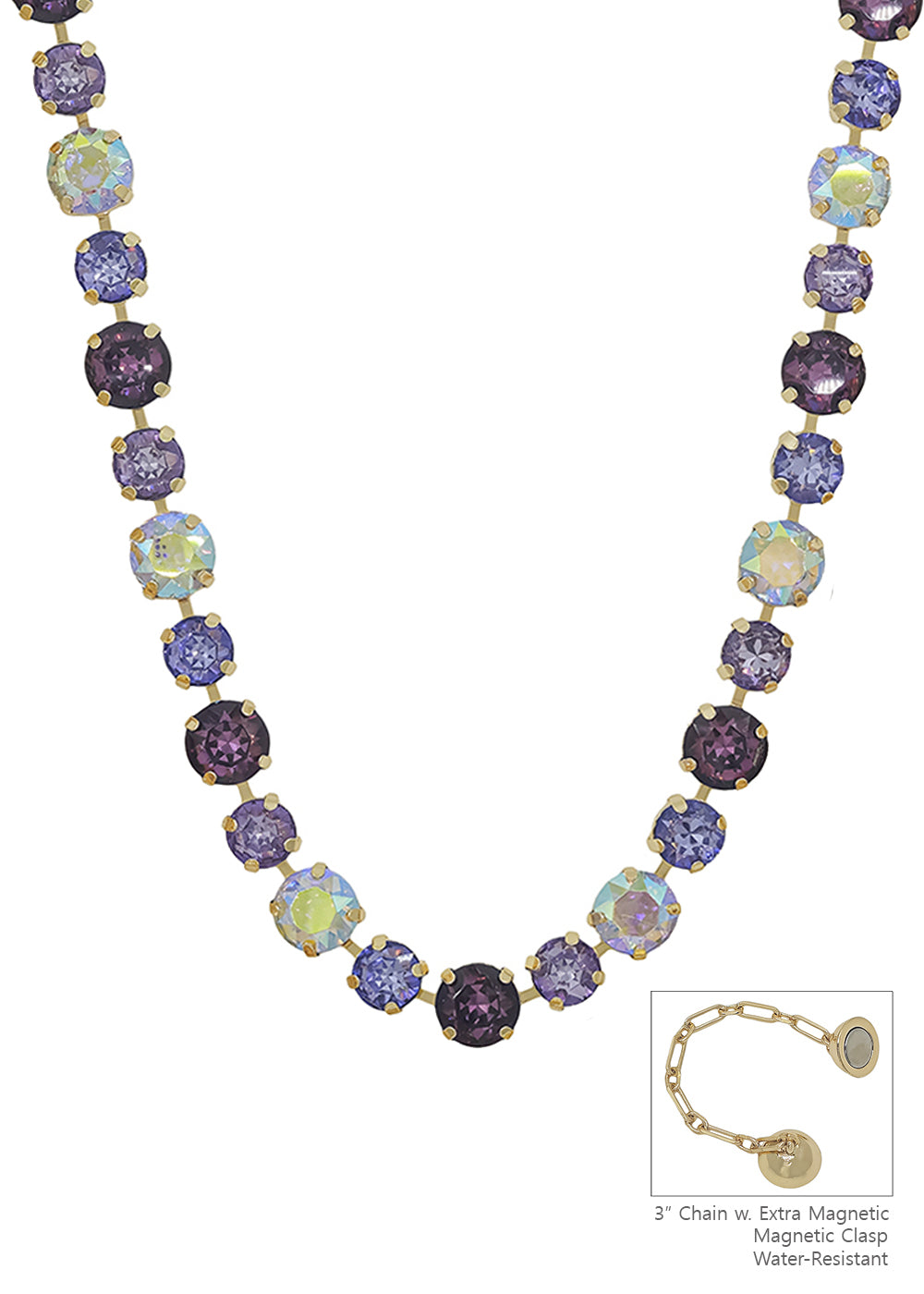 Water Resistant Purple Mix Crystal 10&12MM Stone Magnetic Closure 17" Necklace