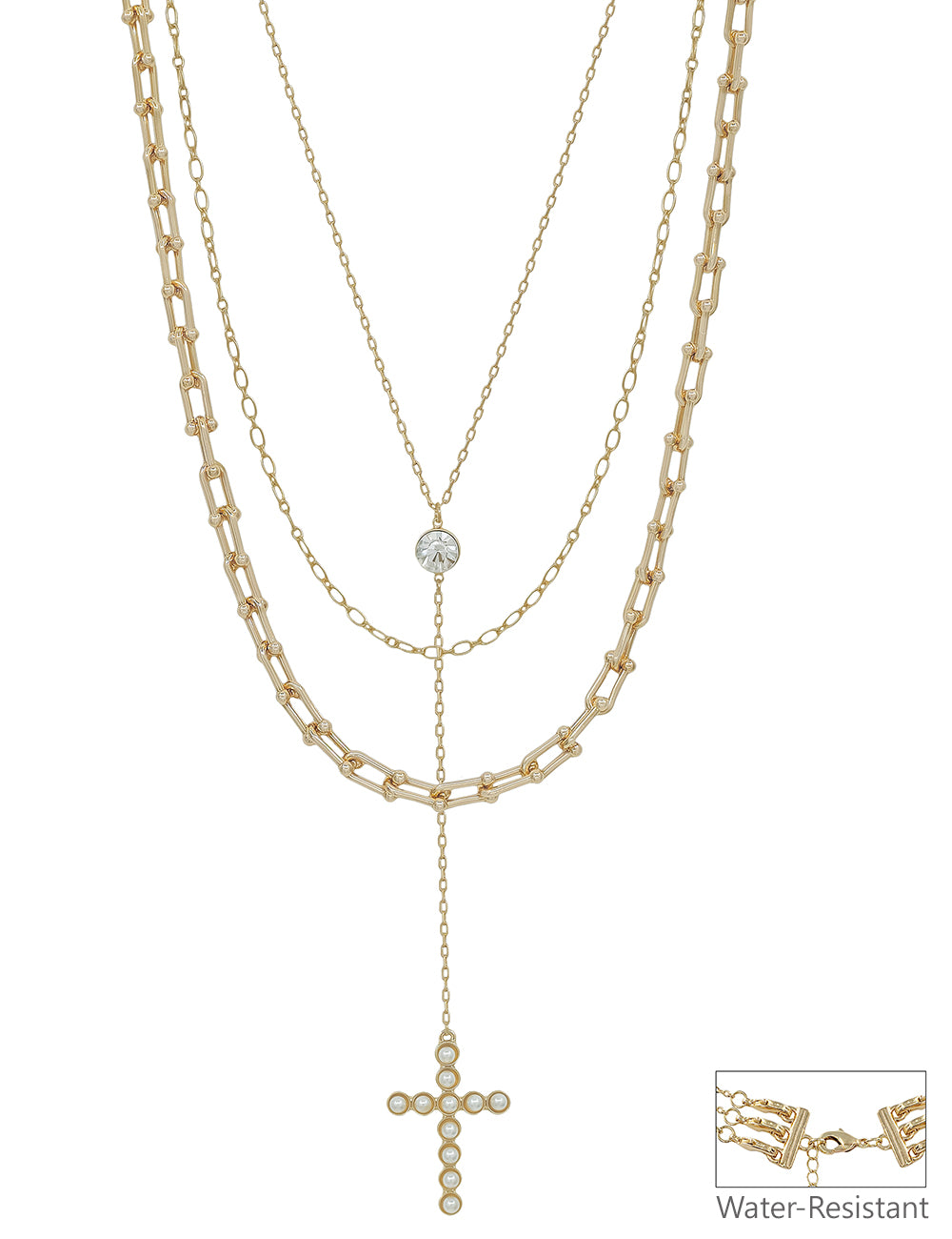 Water Resistant Gold Chain Layered with Y Drop Pearl Bubble Cross 16"-18" Necklace