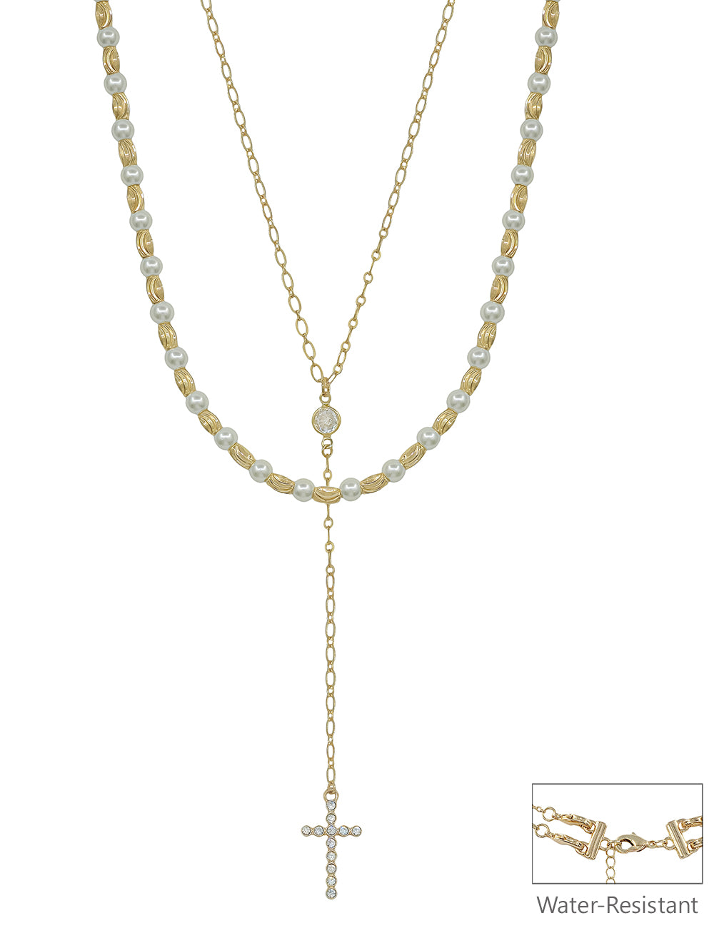 Water Resistant Gold and Pearl Layered with Y Drop Crystal Cross 16"-18" Necklace