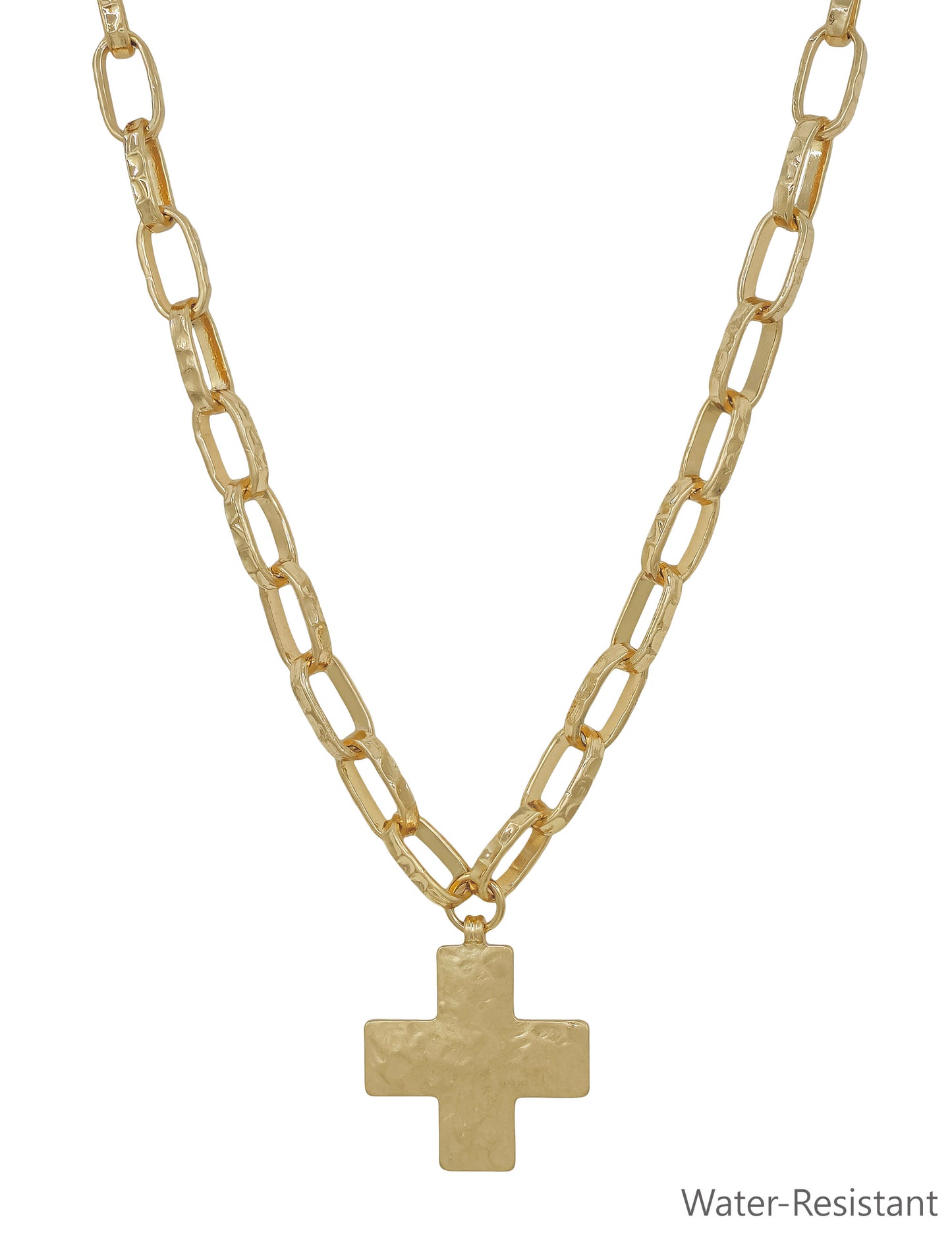 Water Resistant Gold Open Chain with Hammered Cross 16"-18" Necklace
