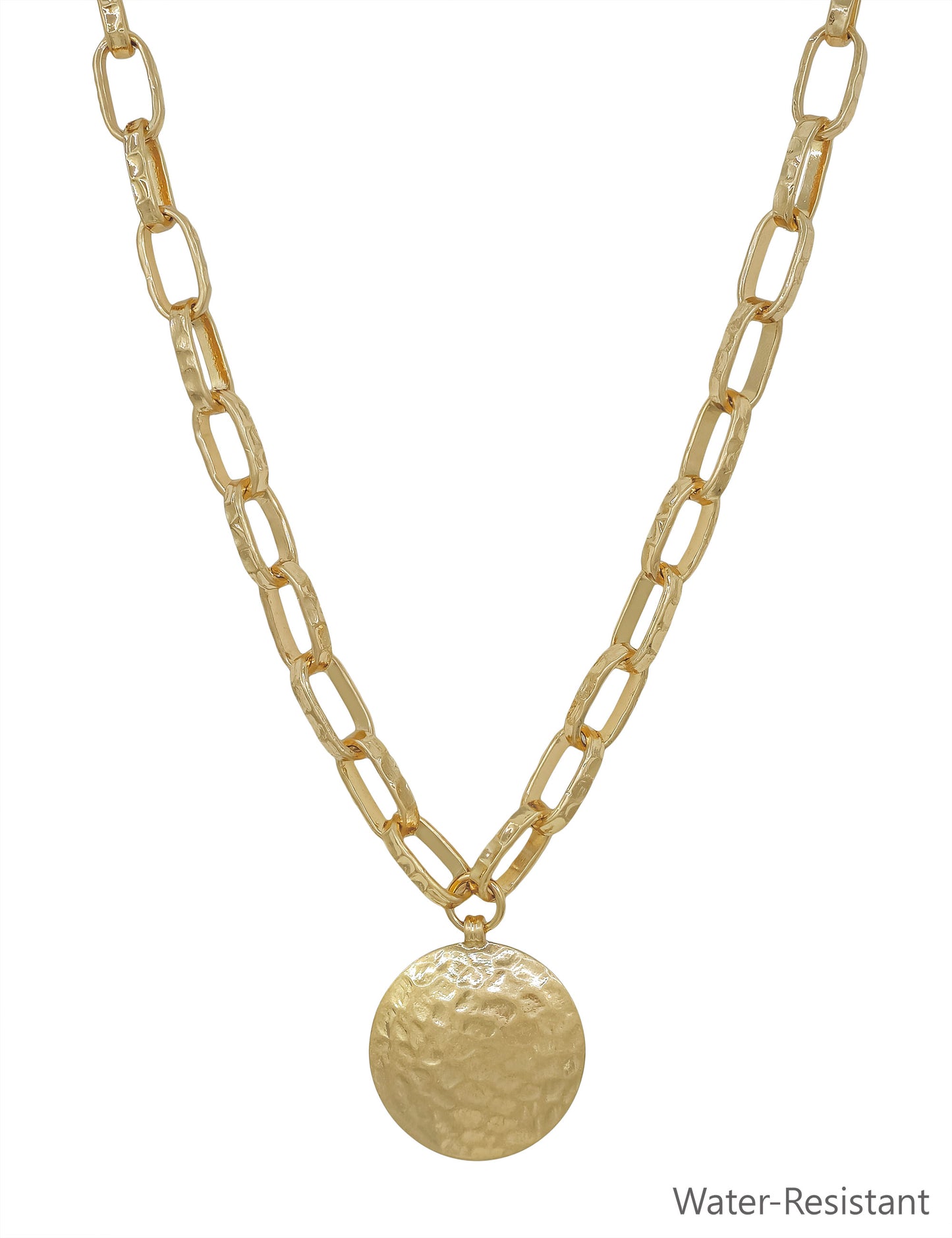 Water Resistant Gold Open Chain with Hammered Circle 16"-18" Necklace