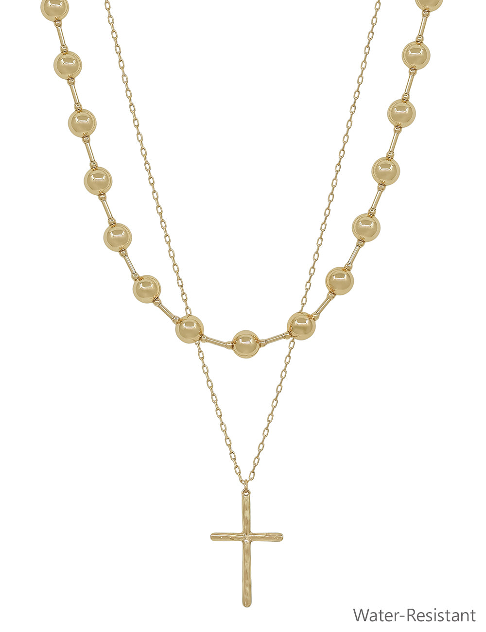 Water Resistant Gold Beaded and Cross Layered 16"-18" Necklace