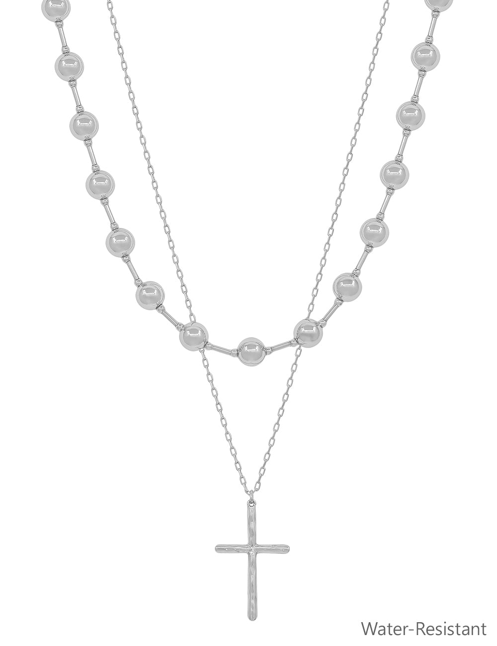 Water Resistant Silver Beaded and Cross Layered 16"-18" Necklace
