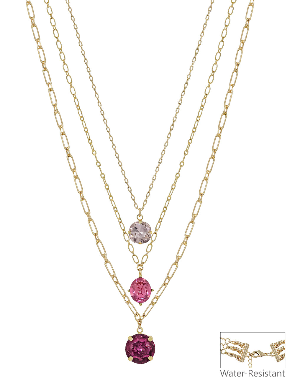 Water Resistant Gold Triple Layered Multi Way Pink Crystal Drop 16"-18" Necklace