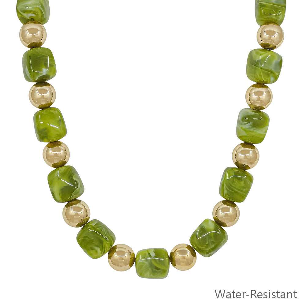 Water Resistant Gold and Olive Green 14MM Beaded 16"-18" Necklace