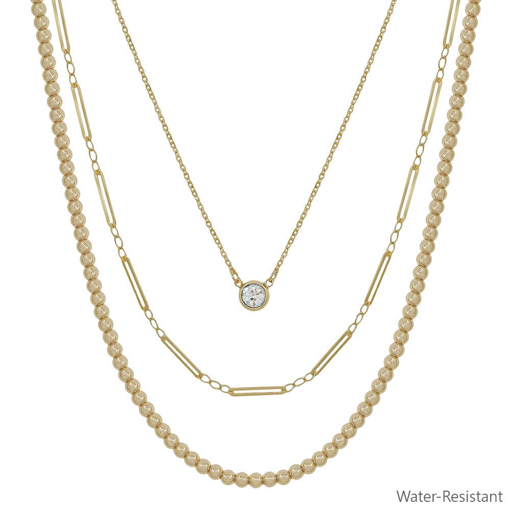 Water Resistant Triple Layered Beaded and Thin Chain with Crystal 16-18" Necklace