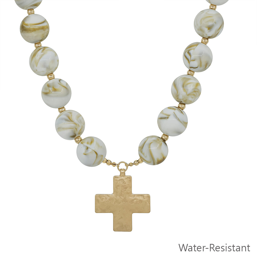 Water Resistant Natural 20MM Beaded with Hammered Gold Cross 18" Magnetic Closure Necklace