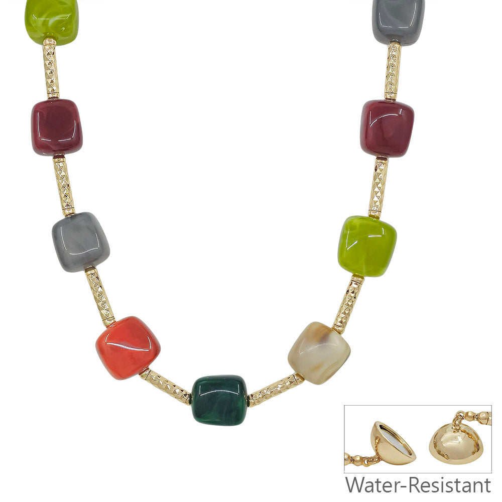 Water Resistant 16MM Multi Beaded and Gold Bar 16"-18" Necklace