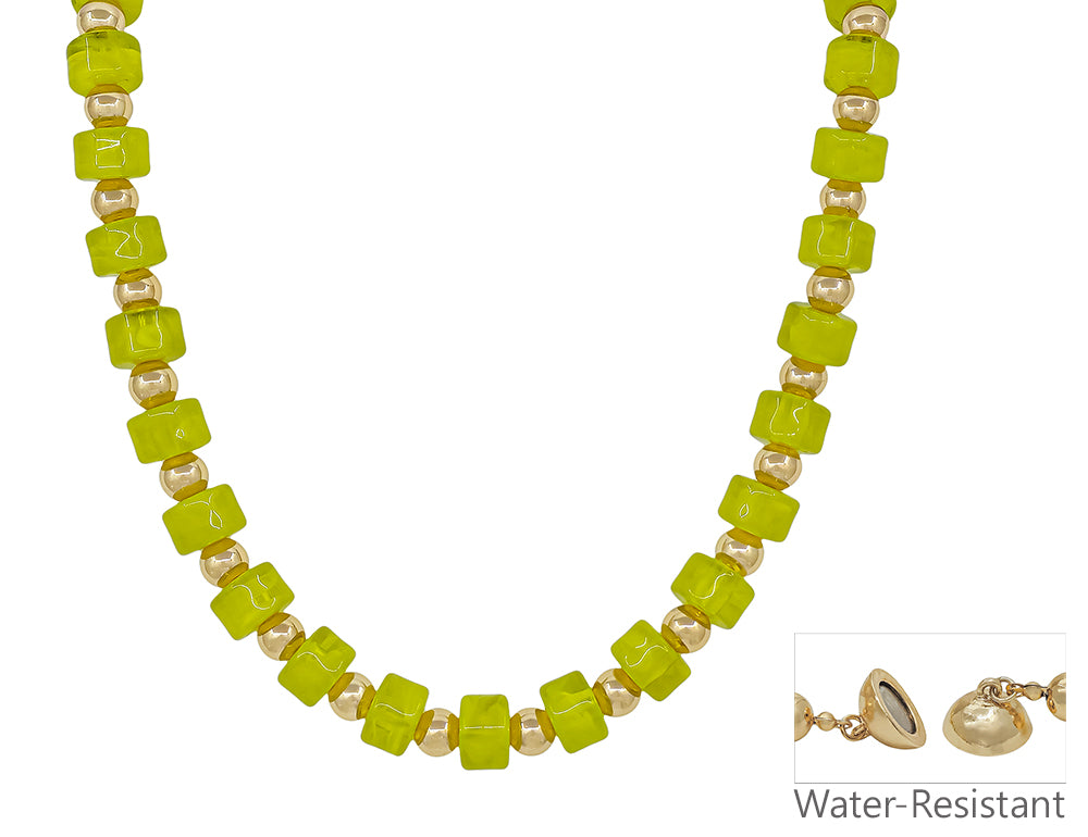 Water Resistant Olive Green and Gold Oval Chunky Beaded 18" Magnetic Closure Necklace