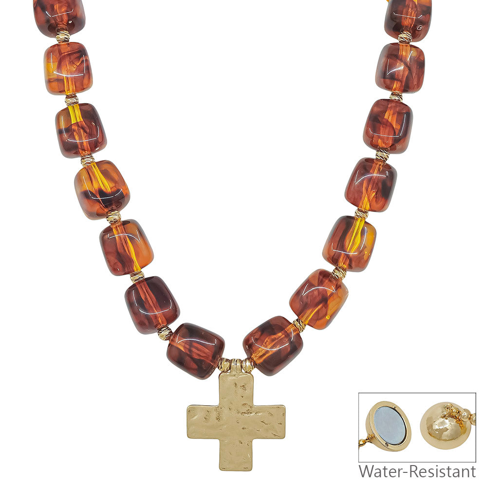 Water Resistant 16MM Brown Resin Beaded Cross 18" Necklace