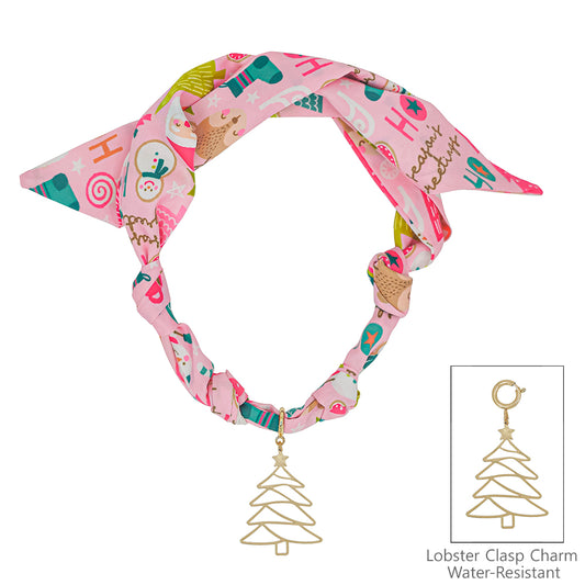 Christmas Printed Silk Knotted Scarf Necklace with Gold Christmas Tree Removable Charm