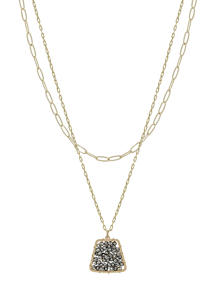 Gold Layered Chain with Grey Crystal Geometric Accent 16