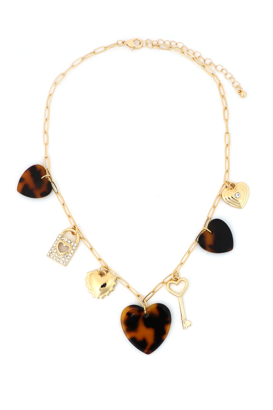 Tortoise Heart and Key Charms 16"-18" Necklace