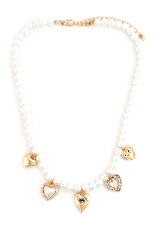 Pearl Beaded with Heart Charms 16"-18" Necklace