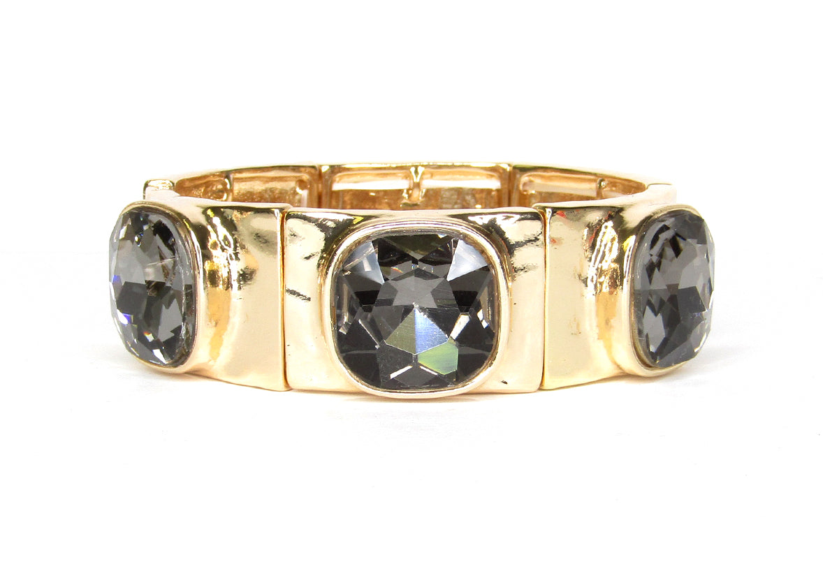 Gold with Black Diamond Crystal with Gold Square Stretch Bracelet