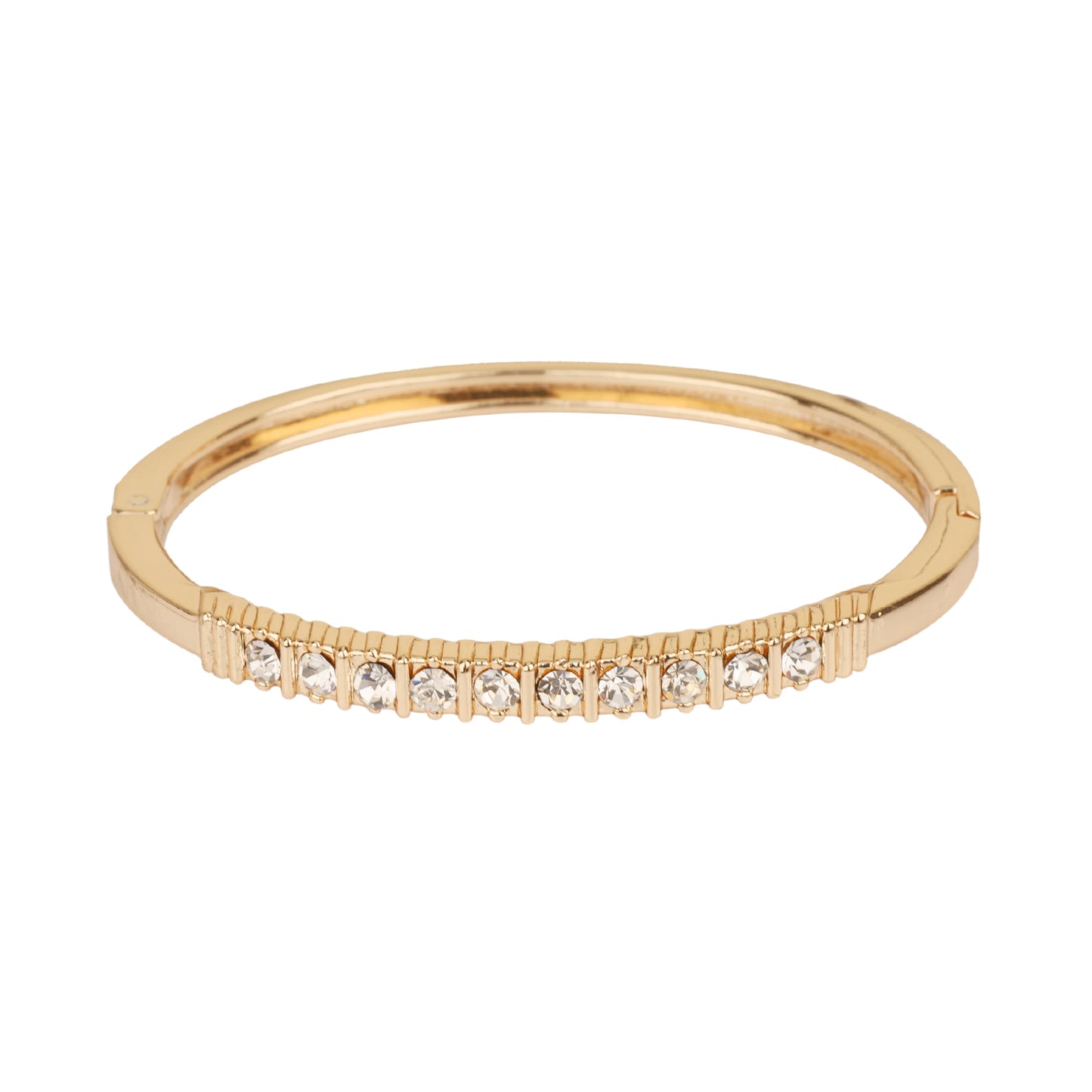 Thin Gold Metal Hinged Bangle with Rhinestone Row Accents