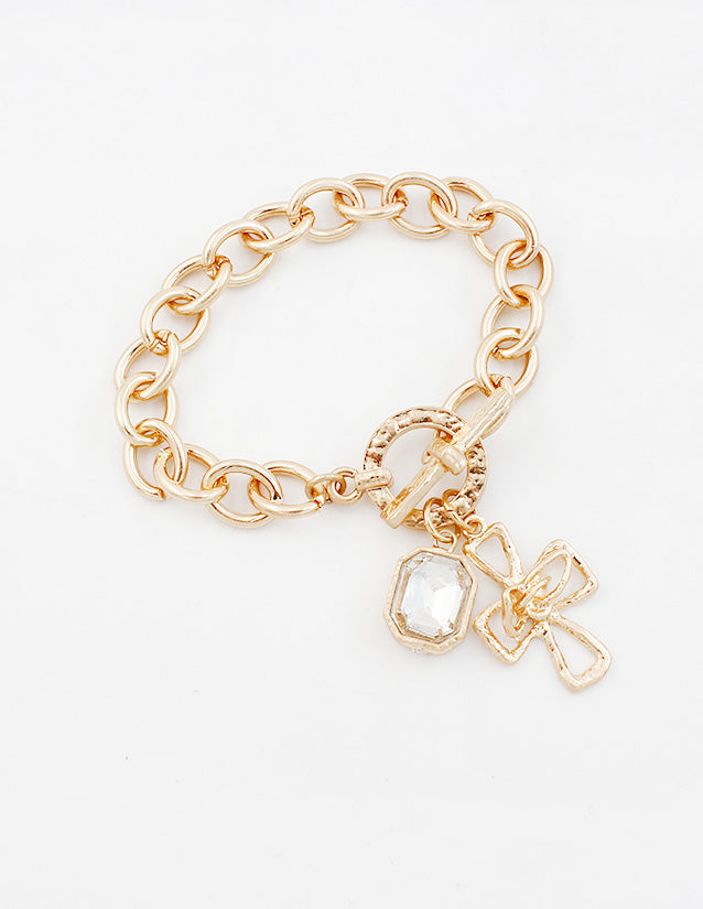 Gold Open Chain 7.5" Bracelet with Open Cross and Crystal Charms