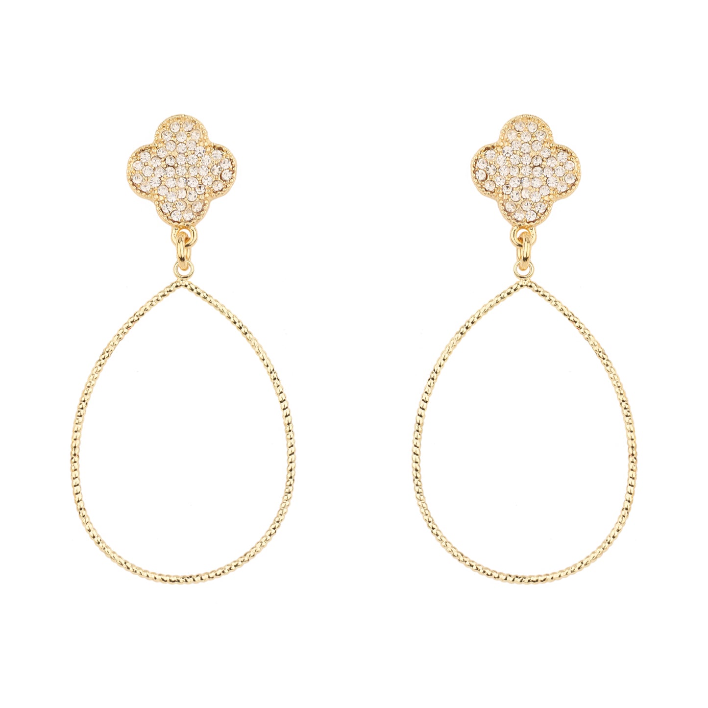 Gold Pave Clover with Teardrop 2" Earring