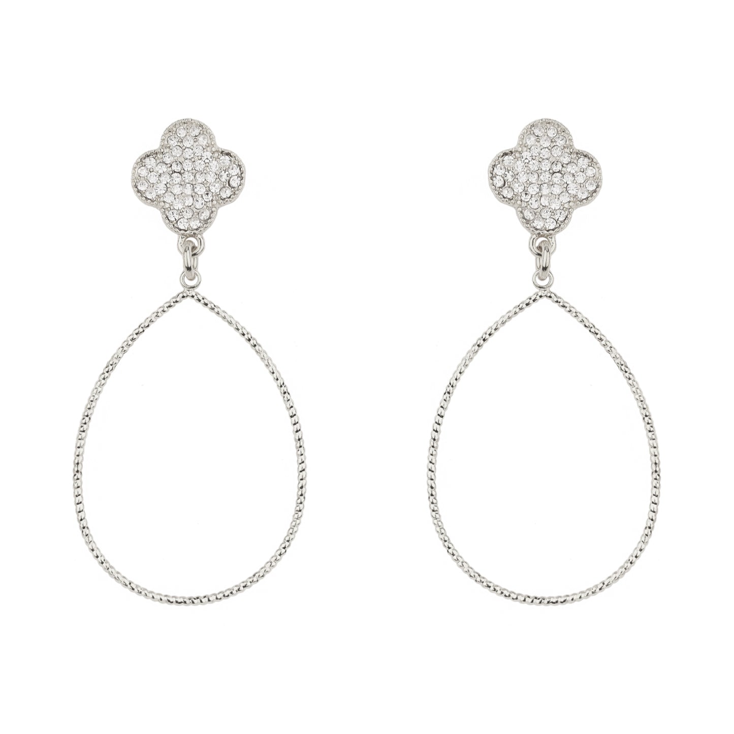 Silver Pave Clover with Teardrop 2" Earring