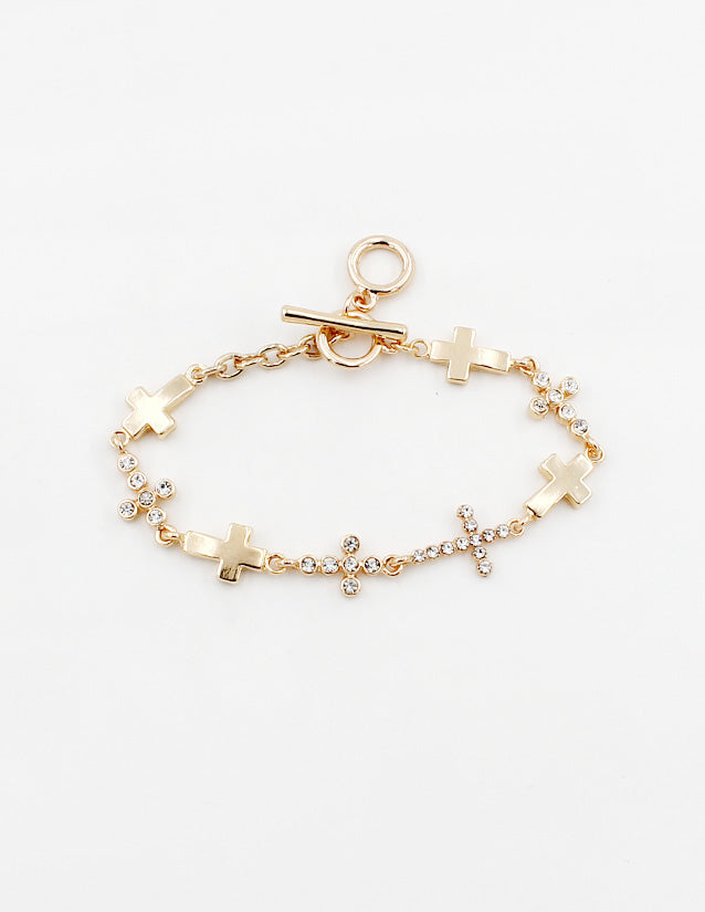 Gold Cross and Rhinestone Cross Toggle 7.5" Bracelet