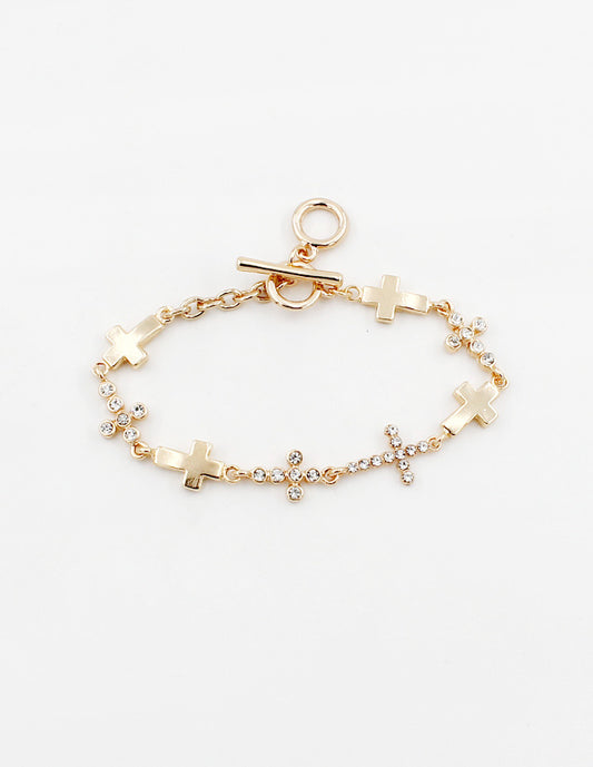 Gold Cross and Rhinestone Cross Toggle 7.5" Bracelet