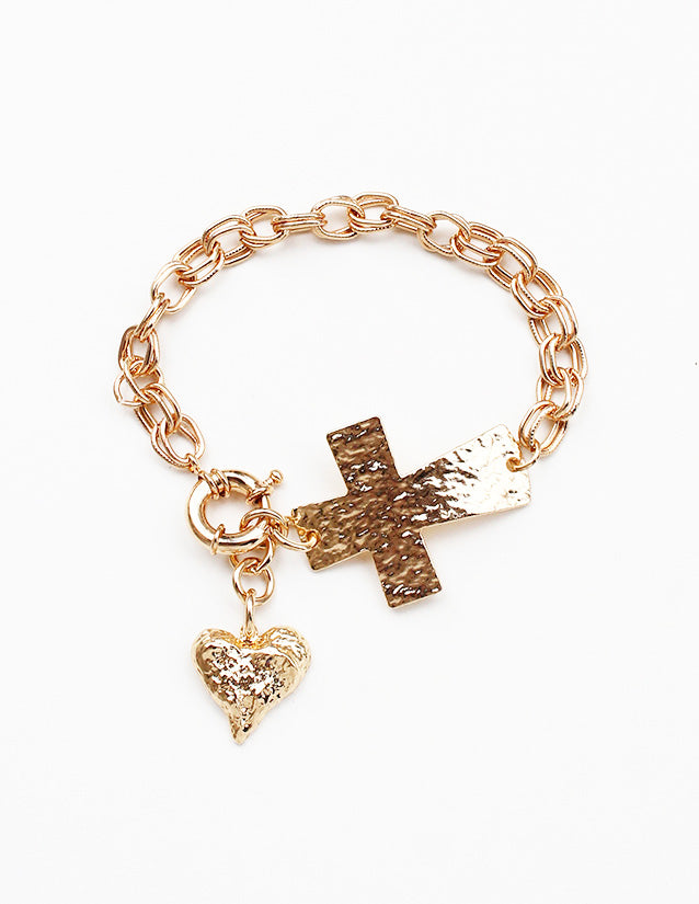 Gold Hammered Cross and Gold Heart Charm Toggle 7.5" Bracelet