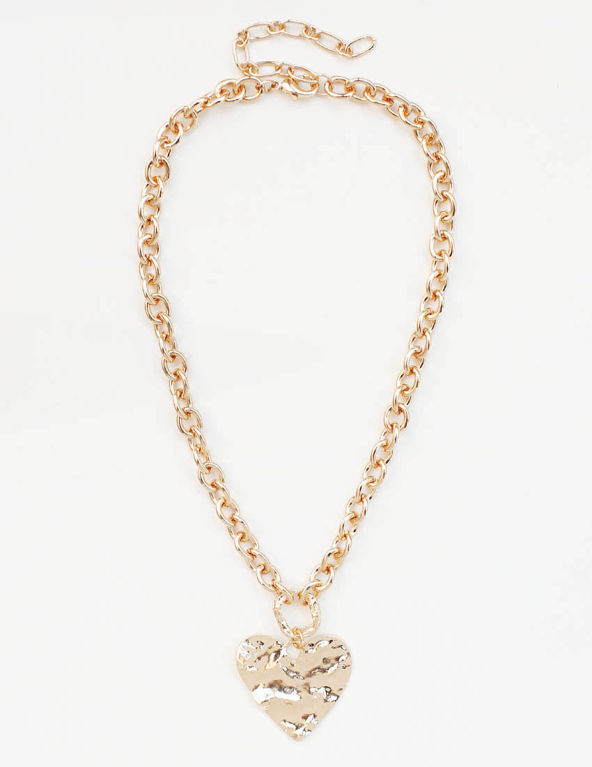 Gold Hammered Heart and Chain Layered 16"-18" Necklace