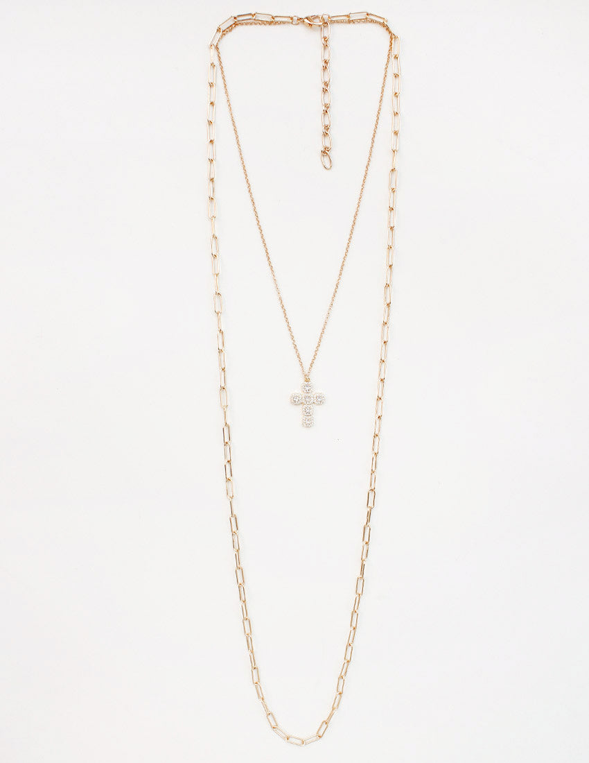 Gold Layered 32" Chain with Rhinestone Cross 18" Necklace
