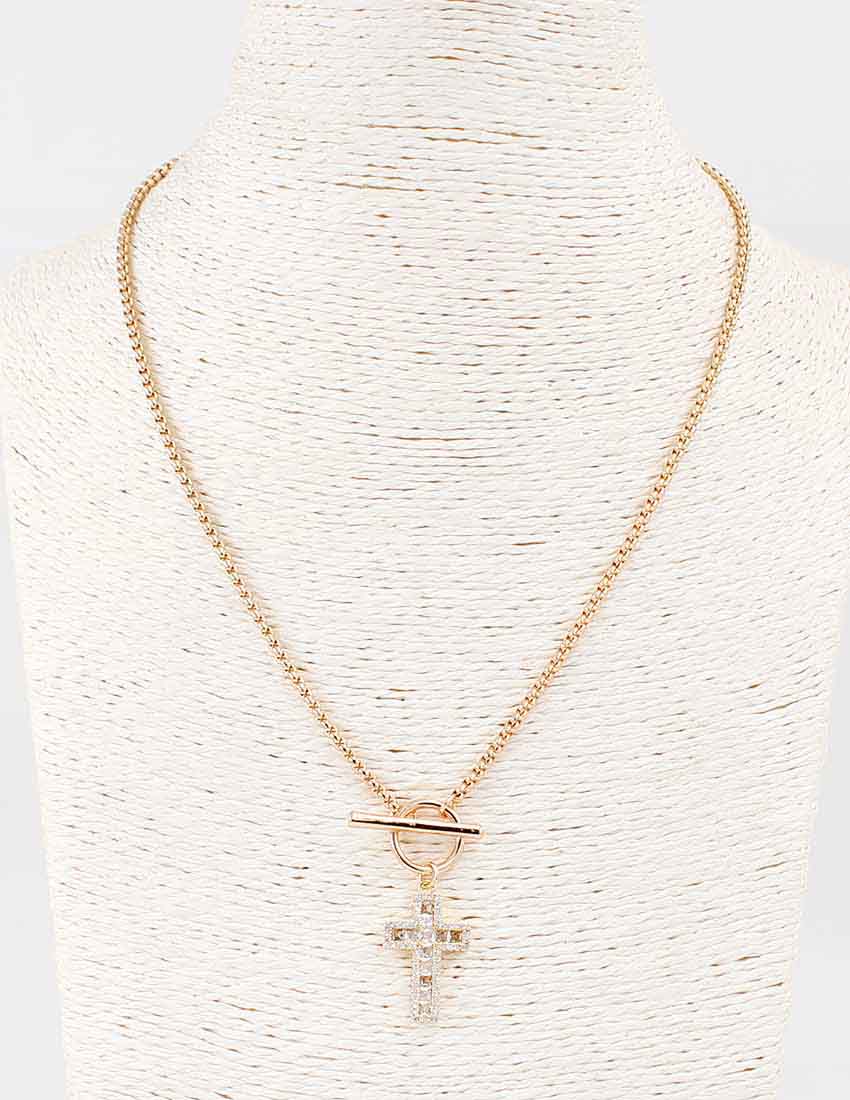 Gold Rope Chain with Rhinestone Cross Charm and Toggle 16"-18" Necklace