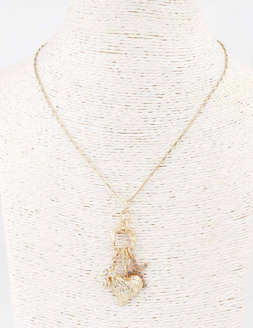 Gold Hammered Heart and Cross Charm 16"-18" Necklace