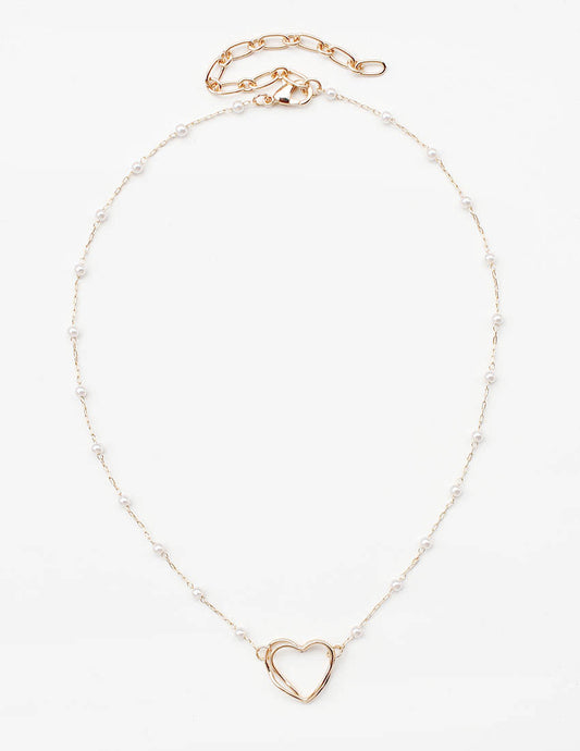 Pearl Beaded Chain with Open Textured Heart 16"-18" Necklace