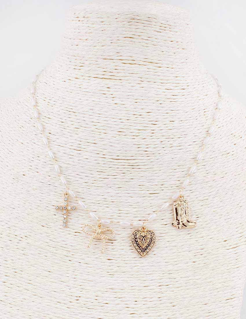 Gold Rice Pearl with Boot, Heart, Bow, and Cross 16"-18" Necklace