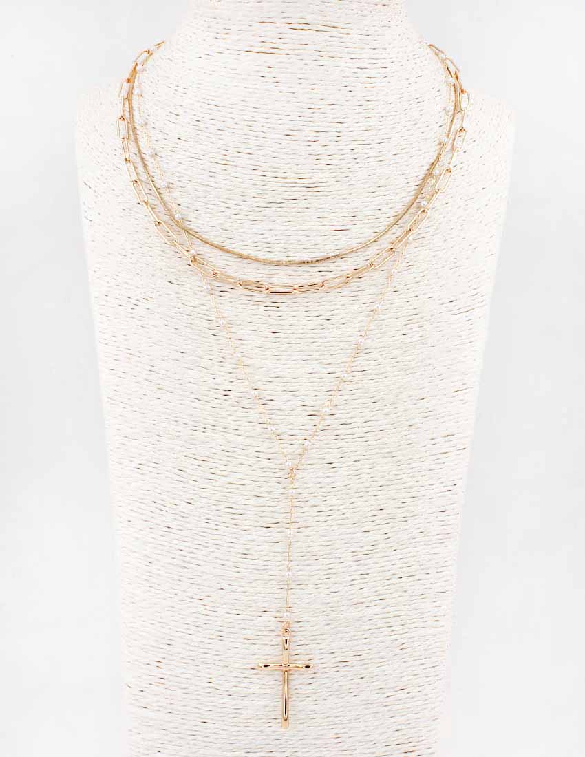 Gold Chain and Cream Crystal Layered Y Drop with Gold Cross 16"-18" Necklace