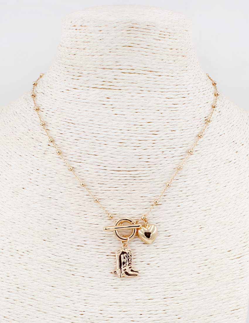 Gold Chain with Gold Cowboy Boot and Heart 16"-18" Necklace