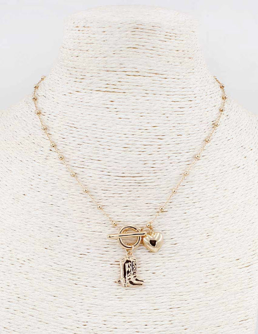 Gold Chain with Gold Cowboy Boot and Heart 16"-18" Necklace