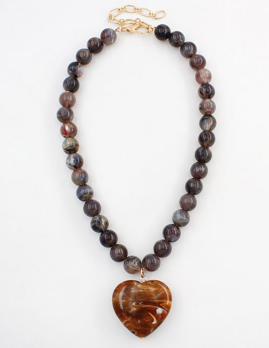 Dark Brown Beaded with Brown Natural Stone Heart 16"-18" Necklace